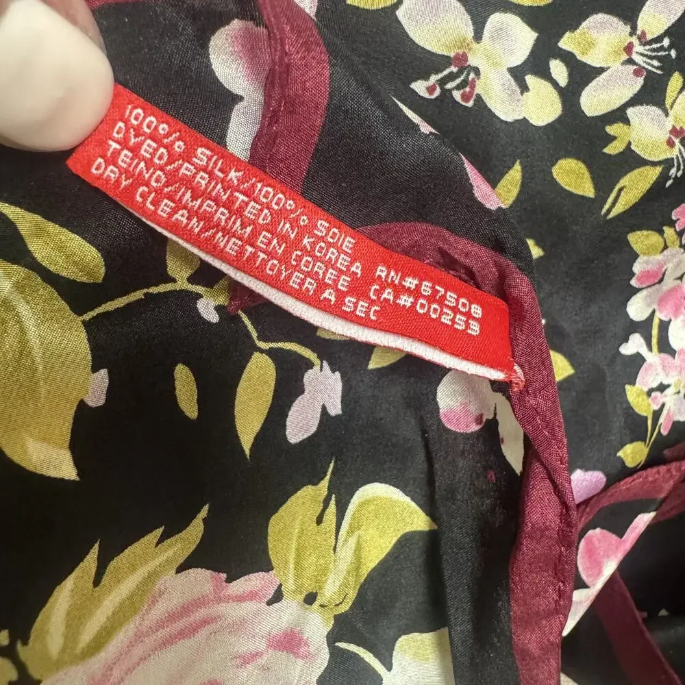 Vintage Anne‎ Klein 100% Silk scarf black pink floral signed rectangle Korea